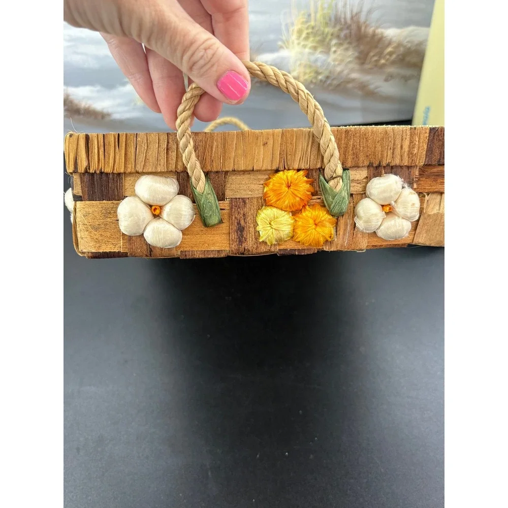 Vintage F. Johnson Handmade Woven Tray Philippines Straw Flower Basket 12.5in